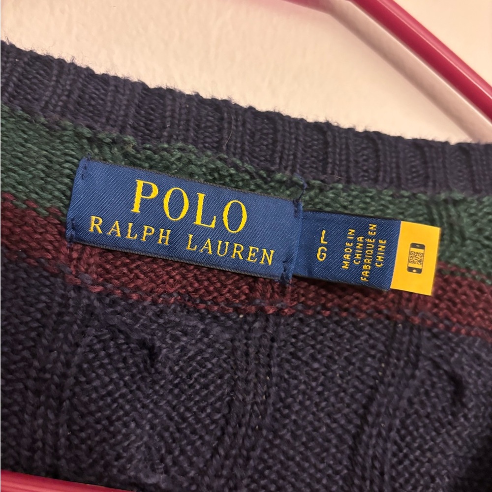Ralph Lauren Navy, Green & Yellow Striped Cable Crewneck - Picture 4 of 5